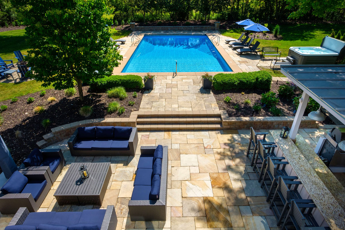 over view of outdoor bar and pool